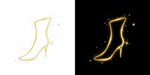 A pair of shiny golden high-heeled boots on a black background with sparkles