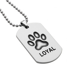 Personalized dog tag necklace with paw print and name isolated on transparent background
