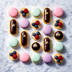 Assorted french pastries macarons eclairs and fruit tarts on marble