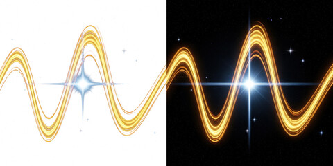 A vibrant yellow waveform glows brightly against a starry black background with two shining stars