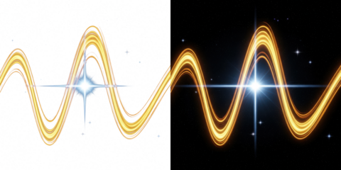 A vibrant yellow waveform glows brightly against a starry black background with two shining stars