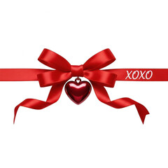 Elegant red ribbon with heart charm and xoxo message isolated on transparent background