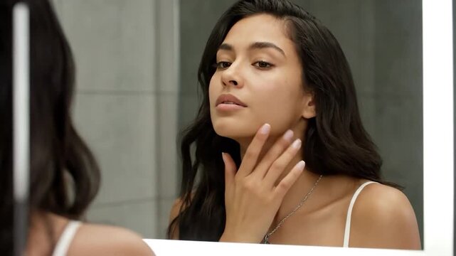 Young woman gently touches face while looking in bathroom mirror, soft lighting