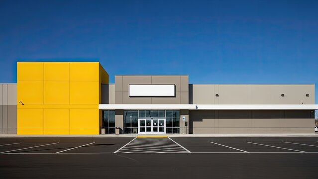 Modern Commercial Building with Yellow Facade and Empty Parking Lot.