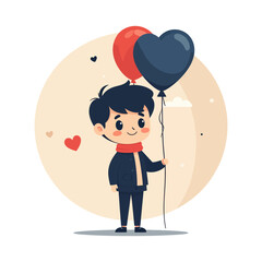 Smiling Boy in Winter Coat and Scarf Holding Red and Blue Heart Balloons