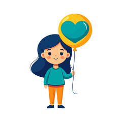 Cute Smiling Girl Holding a Teal Heart shaped Balloon Vector Illustration