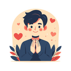 Smiling Young Man with Clasped Hands Surrounded by Hearts and Leaves, Flat Illustration