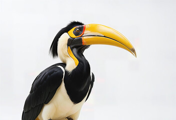 Fototapeta premium Great Hornbill, Buceros bicornis, rainforest dweller with large curved beak, white background