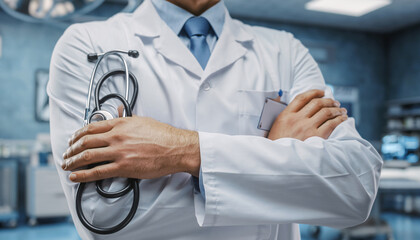 Confident doctor with stethoscope in modern hospital setting