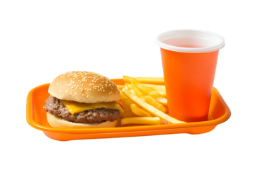 Fast food meal tray delicious cheeseburger with french fries and soft drink cup tasty lunch dinner unhealthy snack junk food concept set isolated on transparent background