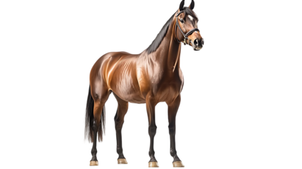 Brown horse standing beautiful stallion with shiny coat and black mane equestrian farm animal portrait thoroughbred equine ranch pet isolated on transparent background