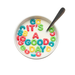 Colorful cereal letters in milk with spoon isolated on transparent background