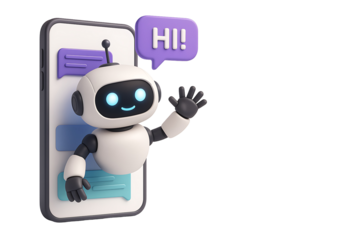 3d illustration of cute robot appearing from phone screen saying hi isolated on transparent background