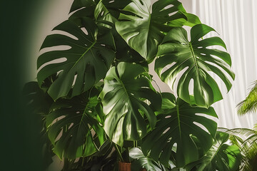 Green leaves of Monstera plant growing in wild, the tropical forest plant, evergreen vine on black background.