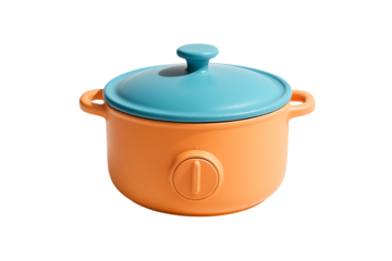 3d render orange cooking pot with blue lid and handle cute kitchen cookware vessel for food preparation culinary and chef hobby isolated on transparent background