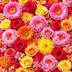 Fototapeta premium Dense floral background with roses, gerberas, and peonies in red, pink, yellow, and orange colors. Suitable for celebrations, packaging, branding, and decorative designs.