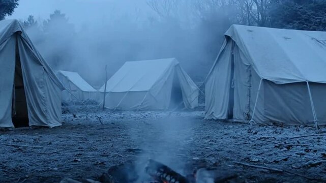 Revolutionary War winter camp tents morning mist silent
