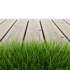 Wooden deck overlooking lush green grass isolated on transparent background