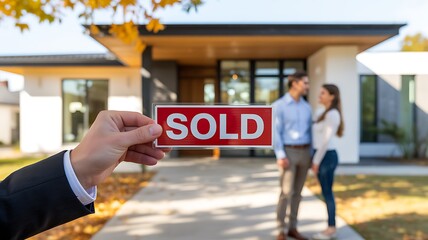 Happy couple holding house sold for sale sign outdoors
