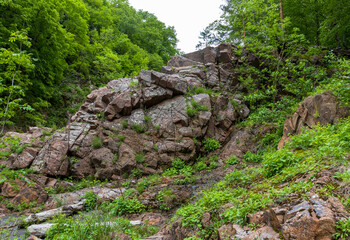 Fototapeta premium canyon of a mountain river, the structure of rocks coming to the surface, walks along the rocky shore