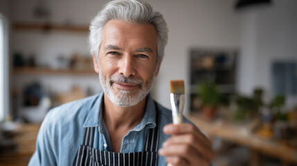 Handsome faceless mature man with grey hair in studio wearing apron holding paintbrush artistic hobby painter lifestyle creative pursuit art profession defocused background