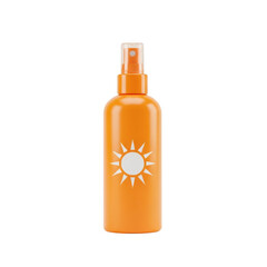 Bright orange sunblock spray bottle with white sun design isolated on transparent background