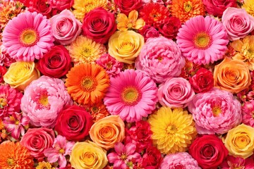 Bright floral background with roses, gerbera, and layered garden flowers.
