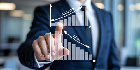 Close-up of a businessman in a dark suit interacting with a digital display of and cost performance graphs