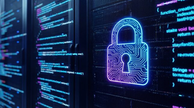 Cyber security concept with glowing lock and code on dark background from a close-up viewpoint