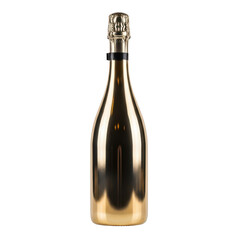 Elegant gold-tinted champagne bottle with wire cage and foil isolated on transparent background