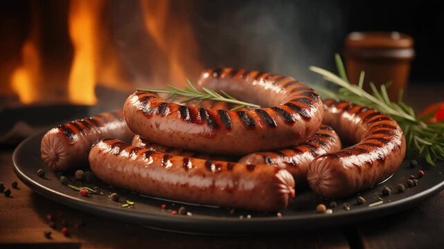 Grilled sausages with charred marks served on plate over fire creating bold rustic barbecue meat food concept for restaurant advertising