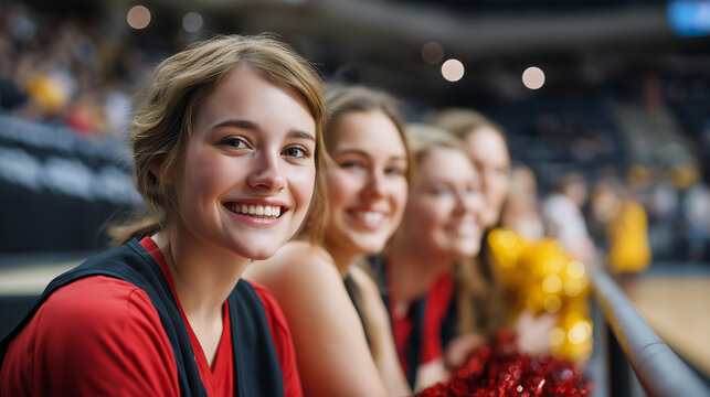 Four smiling faceless cheerleaders in red black uniforms sit sidelines basketball game support sports enthusiasm team spirit athletic event defocused background with copy spa - Powered by Adobe
