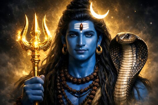 Lord Shiva is depicted with a blue body, holding a golden trident in his right hand. A cobra (Vasuki) is raised to the side of his head, and a crescent moon rests on his hair.