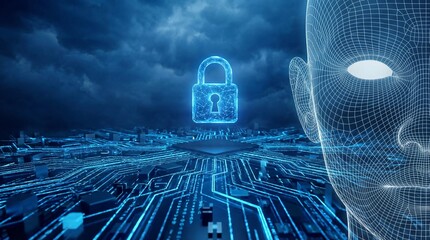 A futuristic digital human face with glowing eyes gazes forward, amidst a vast network landscape with a secure lock symbol under a dramatic cloudy sky