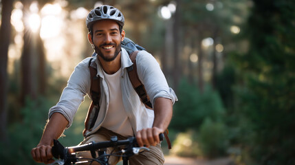 Joyful faceless male bicyclist cycling in mountain forest outdoor recreation nature hobby fitness activity trail riding athletic pursuit defocused background with copy space