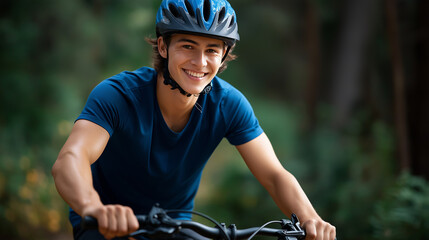 Joyful faceless male bicyclist cycling in mountain forest outdoor recreation nature hobby fitness activity trail riding athletic pursuit defocused background with copy space