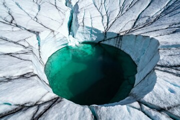 Aerial view of a glacial meltwater pool with vibrant turquoise water surrounded by cracked ice.