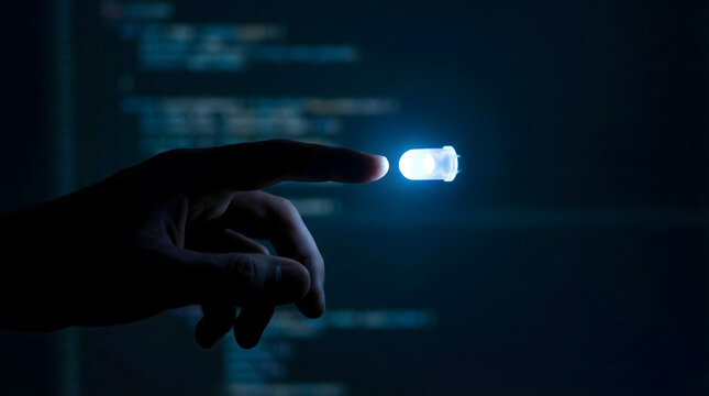 Silhouette Hand Pointing at Glowing Blue LED over Computer Programming Code; Concept for Hardware Engineering, Software Development and IoT Innovation - Powered by Adobe