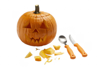 Jack-o-lantern with carving tools isolated on a transparent background