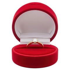 Elegant engagement ring in red velvet box isolated on transparent background