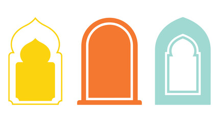 Set of colorful Islamic arch frames, Arabic window shapes, mosque style decorative borders, flat vector design on white background