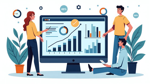 Flat Design an advanced key performance indicator tracking display integrating dynamic visual reports and measurable metrics to optimize corporate performance in  Simple flat cute vector illustration 