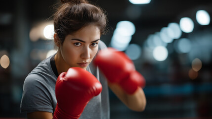 Faceless young attractive woman boxer wearing red gloves training on boxing ring determined expression health fitness concept combat sports athletic hobby defocused background