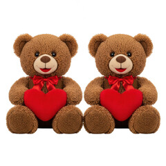 Two adorable brown teddy bears holding red hearts isolated on transparent background