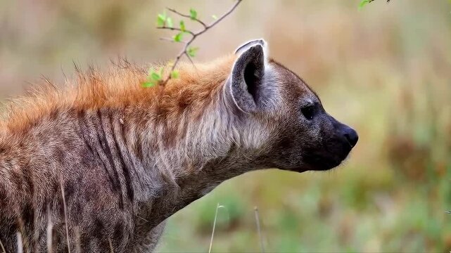 Wild spotted hyena standing in the African savanna.