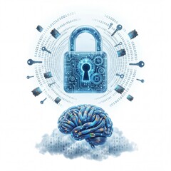Fototapeta premium Secure Artificial Intelligence System with Brain and Padlock Symbols in Cybersecurity Environment from a Top-Down Viewpoint