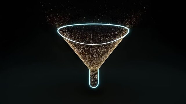 Data funnel: illustrating the concept of filtering and data processing, a funnel shape formed by particles. Representing the process of refining, sorting.