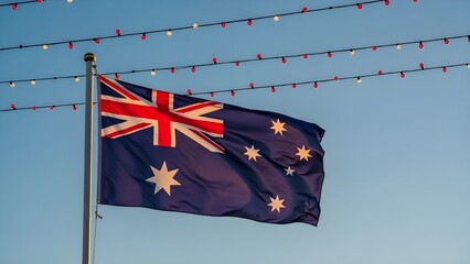 Australian flag waving in the wind with string lights