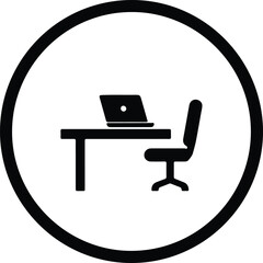 Silhouette of desk and chair with laptop computer inside circle illustration vector