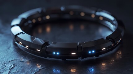 A futuristic bracelet made of black titanium with embedded LED lights 